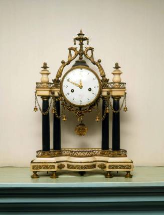 French mantel clock
Bruel (Maker), 1788-1797
Stone, ebonized wook, ormolu, porcelain, enamel, ...