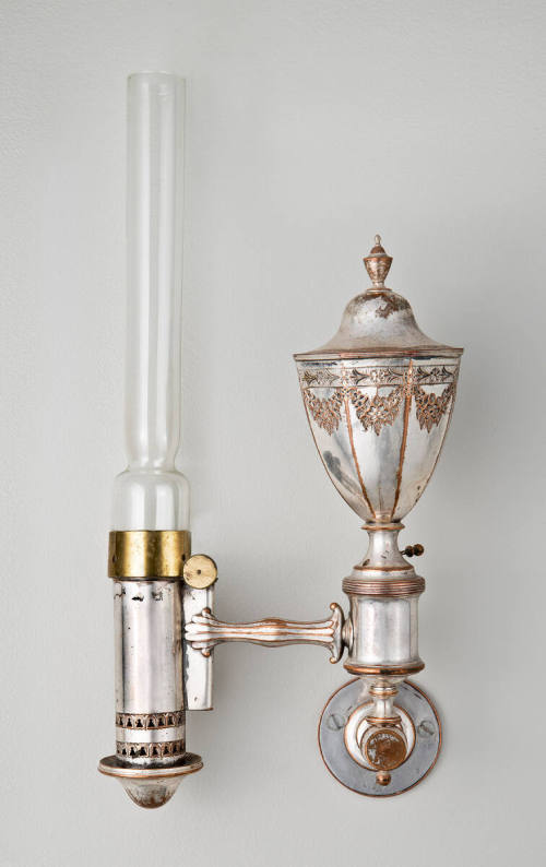 Argand wall lamp
Retailer:  Joseph Anthony
Fused silverplate on copper, brass, tin, glass
c. ...