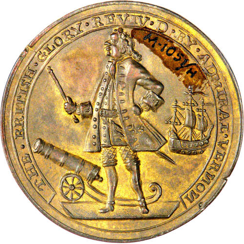 Admiral Vernon Medal,
c. 1739,
Copper, copper gilt, zinc, broze