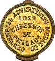 Centennial Advertising Medal Company storecard,
1875,
Brass