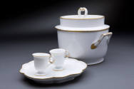 Two Ice Pots, white and gold icery with lid, and serving dish,
Porcelain, gilt