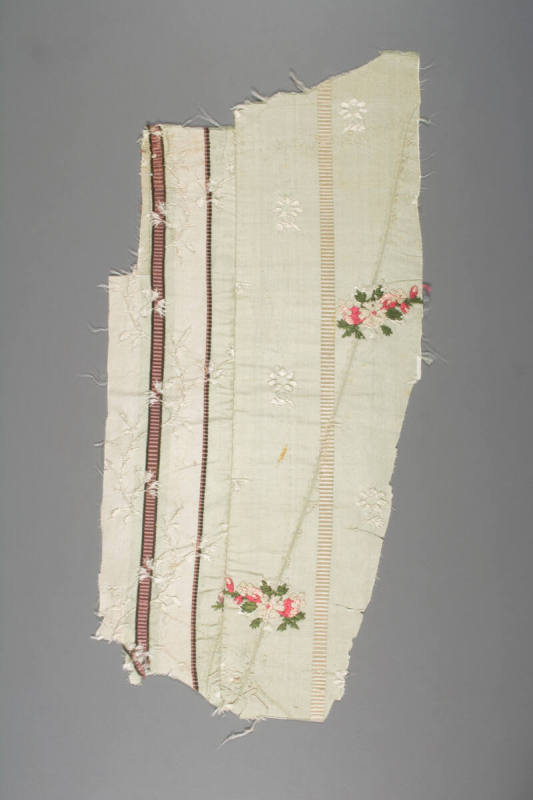 Green flowered and striped silk gown fragment