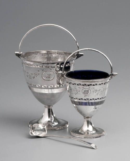 Sugar pail, cream pail and ladle
Fused silverplate on copper
c. 1784