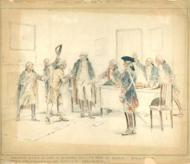 WASHINGTON AND HIS OFFICERS AT NEWBURGH RECEIVING NEWS OF PEACE
Artist:  Edward Percy Moran
P ...