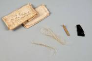 Ribbon and linen fragments with lock of George Washington's hair
Silk, linen, hair, paper
176 ...